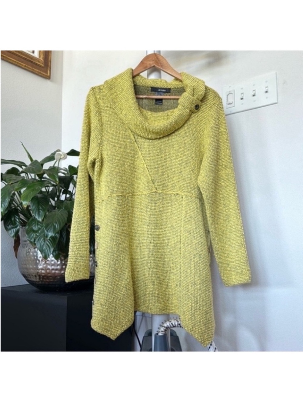 Ali Miles Women's Yellow Cowl Neck Tunic Long Sweater Sz L Lagenlook Side Button